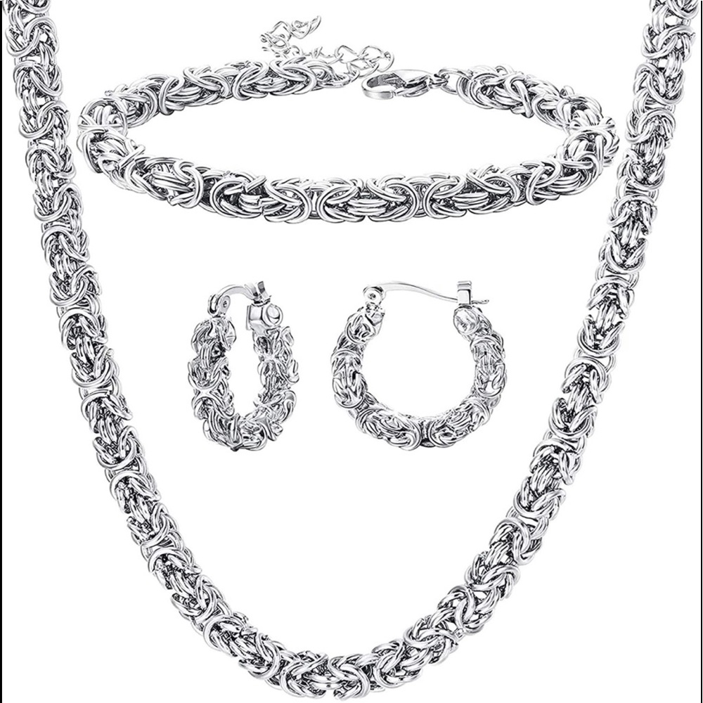 Stainless Steel Byzantine Chain Necklace Bracelet Earrings for Women Jewelry Set